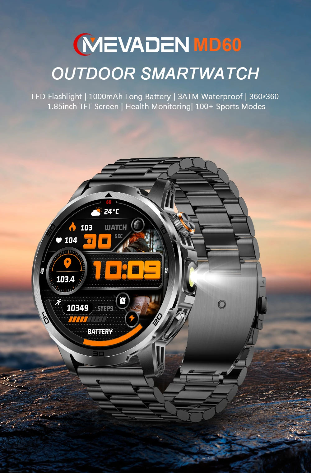 MEVADEN 1.85 inch Steel Smart Watch Men Bluetooth Call Smartwatch Sports Flashlight 1000mAh Health Monitor Watch for Male MD60