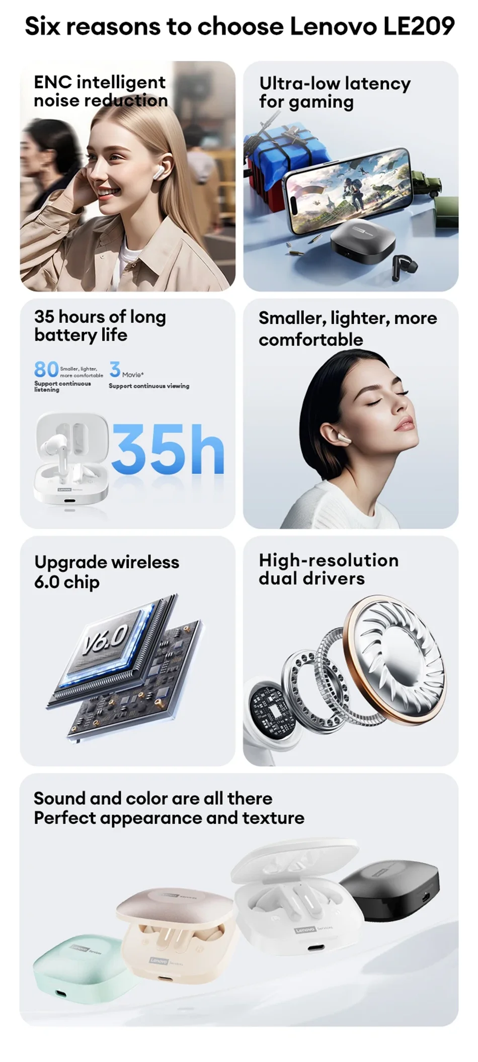 New Lenovo LE209 Wireless Bluetooth Earphone ANC Noise Reduction HiFi Music Bluetooth Headphone 30H Battery Life Gaming Headset