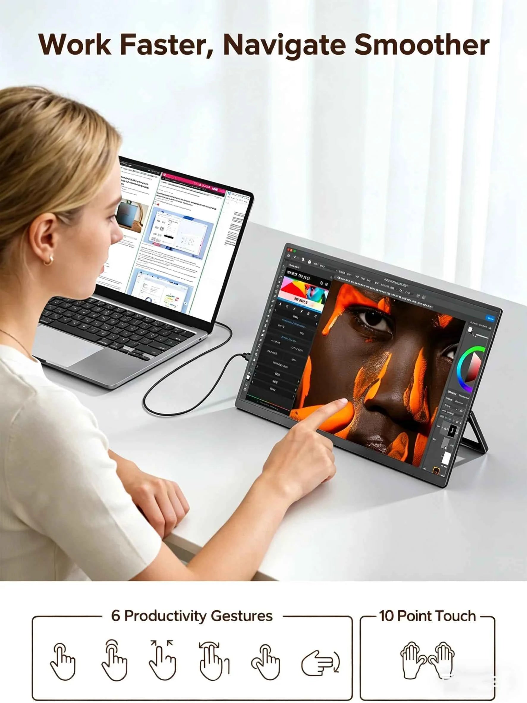 16-Inch Portable Touch Monitor, 1200P HDR 16:10, Non-Touch Optional, External Second Screen for Xbox, PS4/5, Switch, Phone, PC,