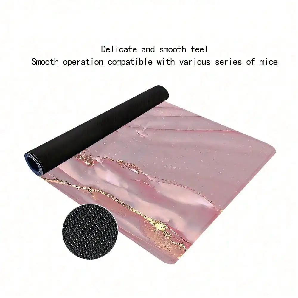 Pink Marble Pattern Gaming Mouse Pad, Gold Extended Desk Mat, Stitched Edge Design, Non-Slip Rubber Base, Suitable For Home Office Decor, Size 35.4x15.7 Inches