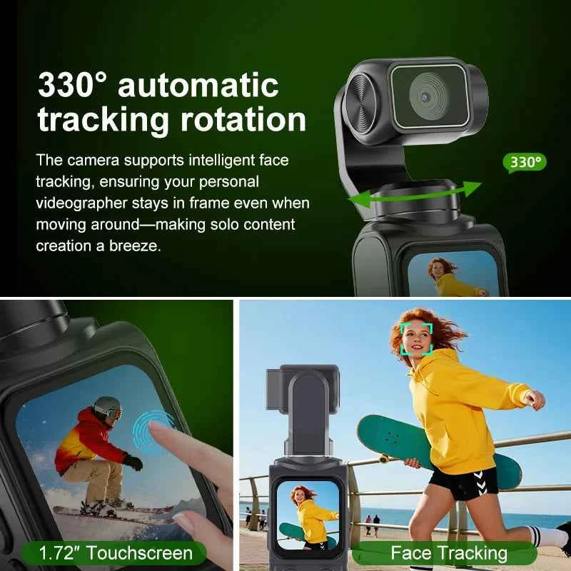 4K Vlog Pocket Gimbal Camera with 330° Face Tracking, 18x Zoom, WiFi, 2400mAh Battery–Handheld Stabilizer for YouTube,TikTok
