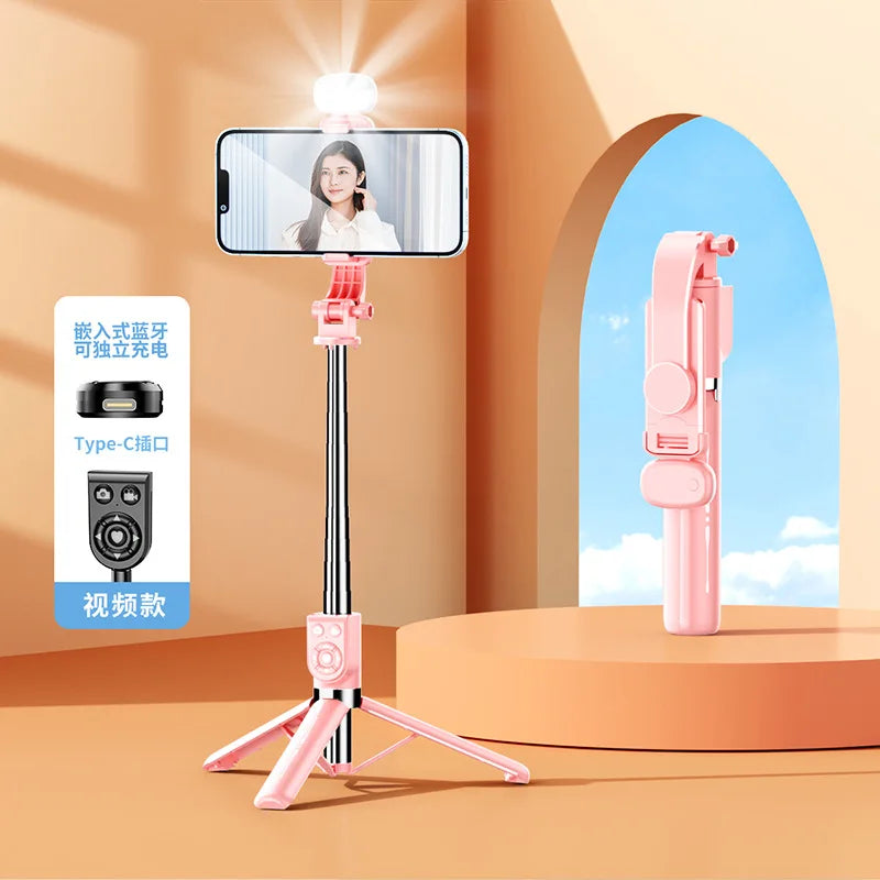 Extendable 1M Bluetooth Selfie Stick with Fill Light and Tripod Stand for Handheld Tk Live Desk Mount