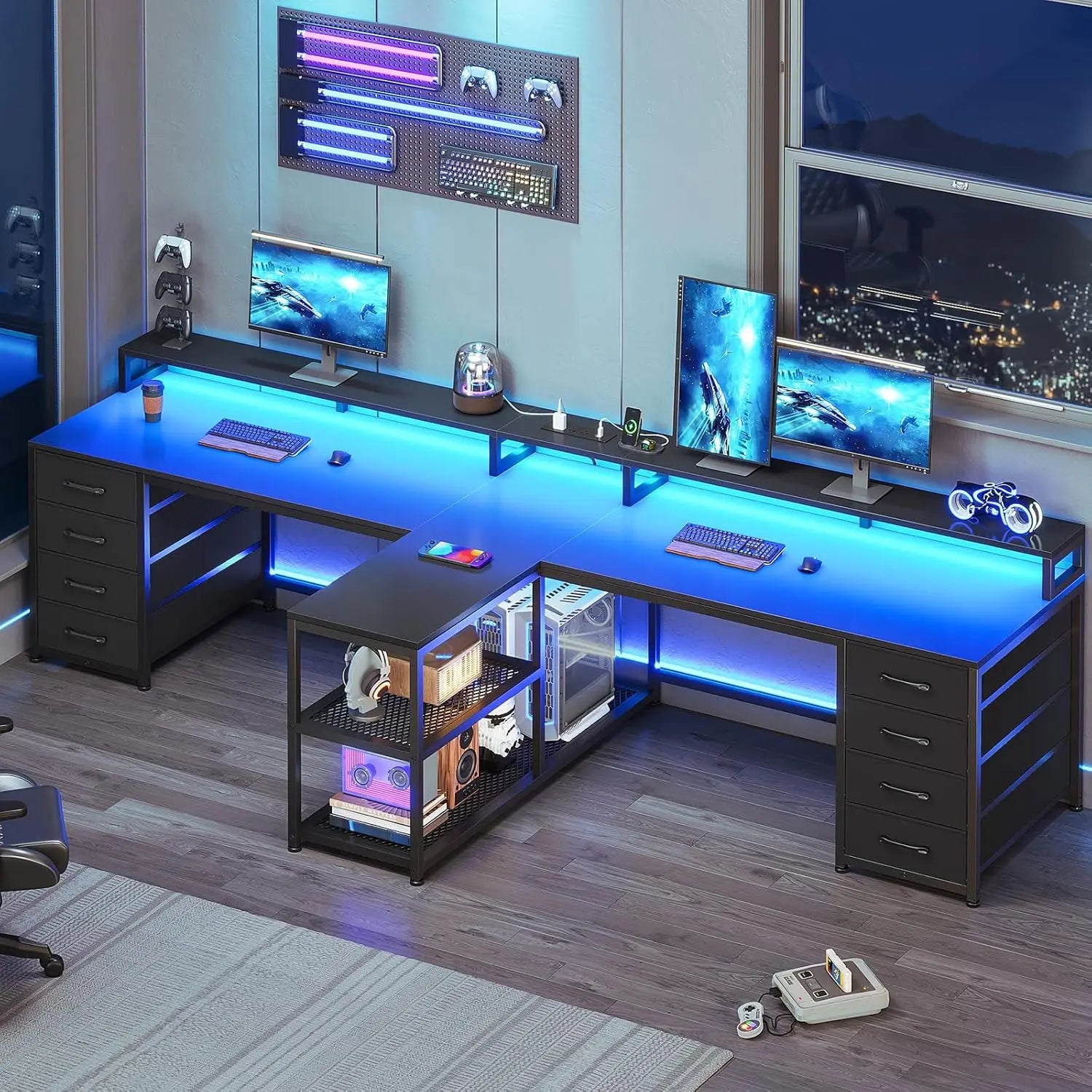 94.5in Double Gaming Desk 8 Drawer LED Storage Power Strip Monitor Stand Home Office , Custom