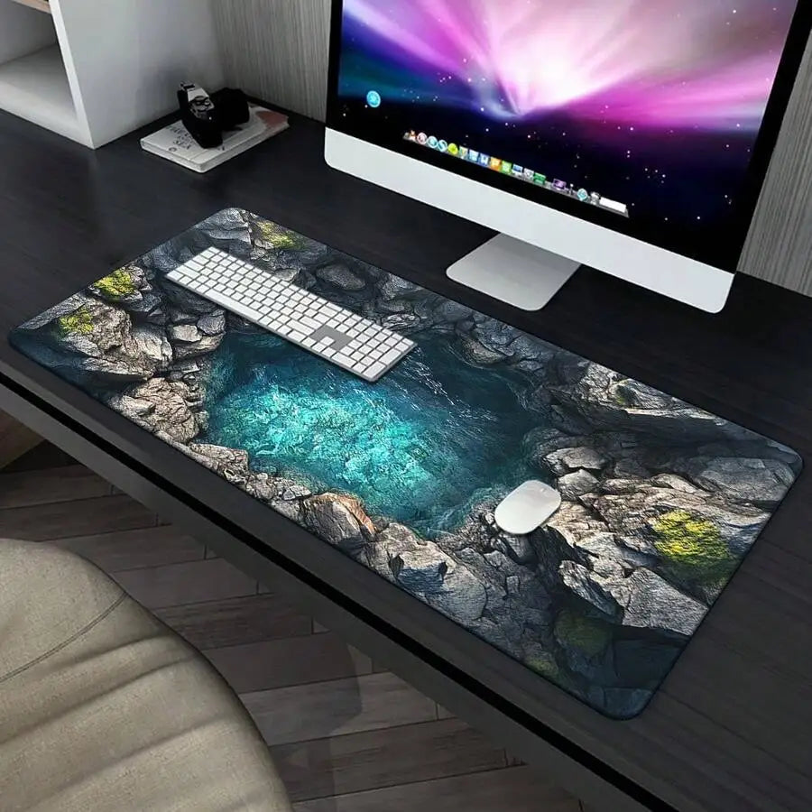 River Blue Green Stone Wall Mousepad Keyboard Gaming Accessory Office Computer Desk Mat Rubber