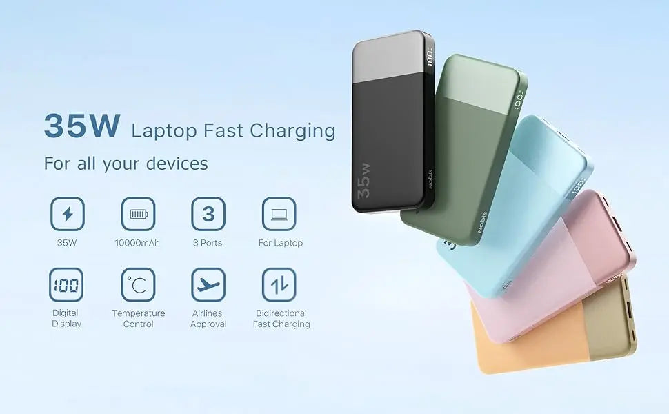 Nobis Mini Slim Power Bank 10000mAh External Battery Fast Charging 35W Portable Charger Digital Display For iphone 17 16 Samsung
