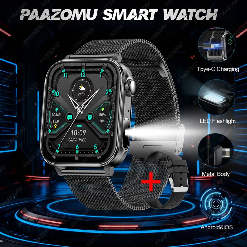 2025 New Smart Watch Men Women Type-C Charging Heart Rate LED Flashlight Bluetooth Call IP68 Waterproof SmartWatch for Android