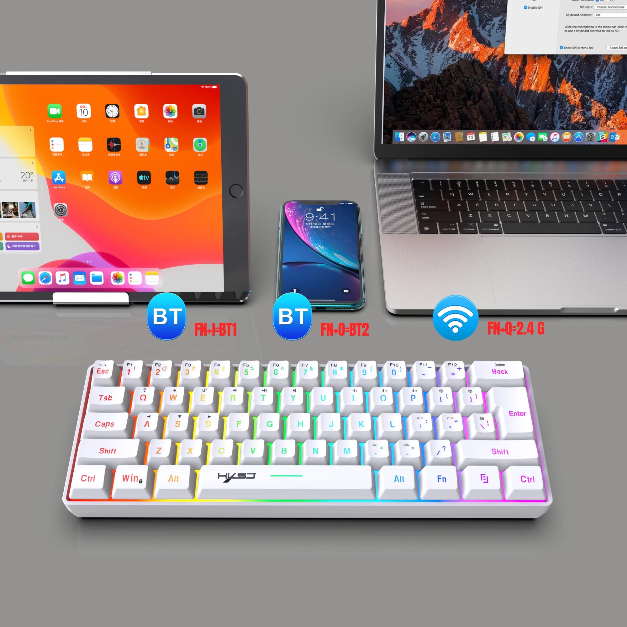 HXSJ 60% Wireless Gaming Keyboard and Mouse Combo,LED Backlit Rechargeable 2000mAh Battery,Mini Mechanical Feel Anti-ghosti