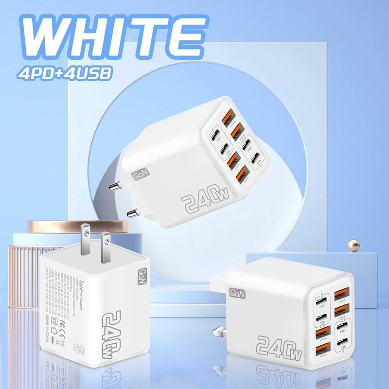 240W GaN USB C Charger 8 in 1 Fast Charging Phone Charger Power Adapter For iPhone Xiaomi Type C EU/US/UK Plug Wall Charger
