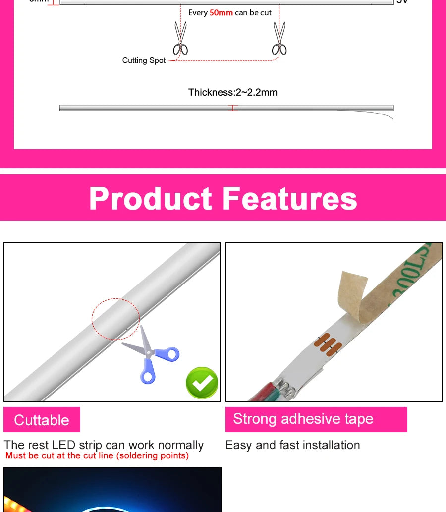 5V New 3mm Super Thin Addressable COB LED Strip RGBIC Individual Pixel Control 240LEDs WS2812B Dream Color USB Powered LED Tape