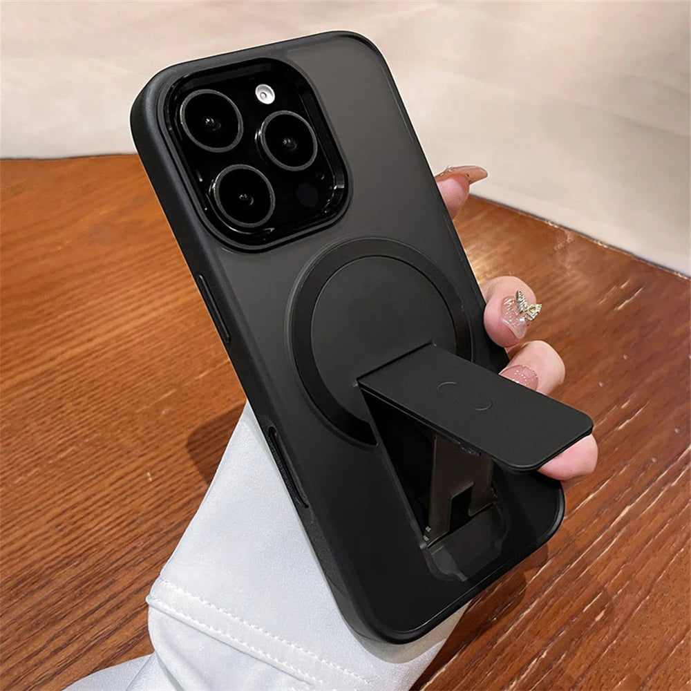 Folding Stand Holder Magnetic Matte Case For iPhone 17 16 Pro Max 15 14 Plus 13 12 For Magsafe Wireless Charge Shockproof Cover