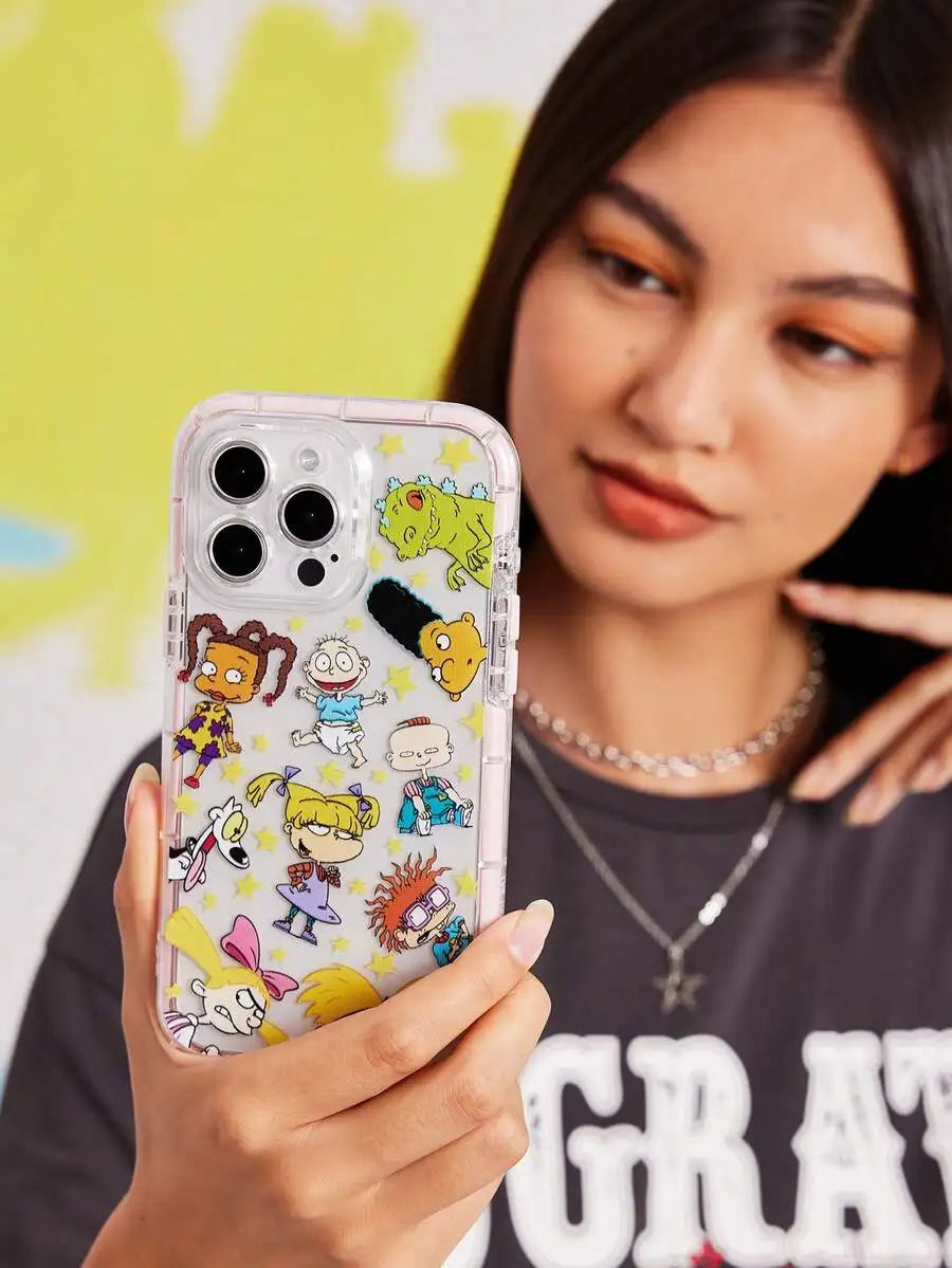 Transparent Pink Cartoon-Style Phone Case with Chill Graphic Design for iPhone