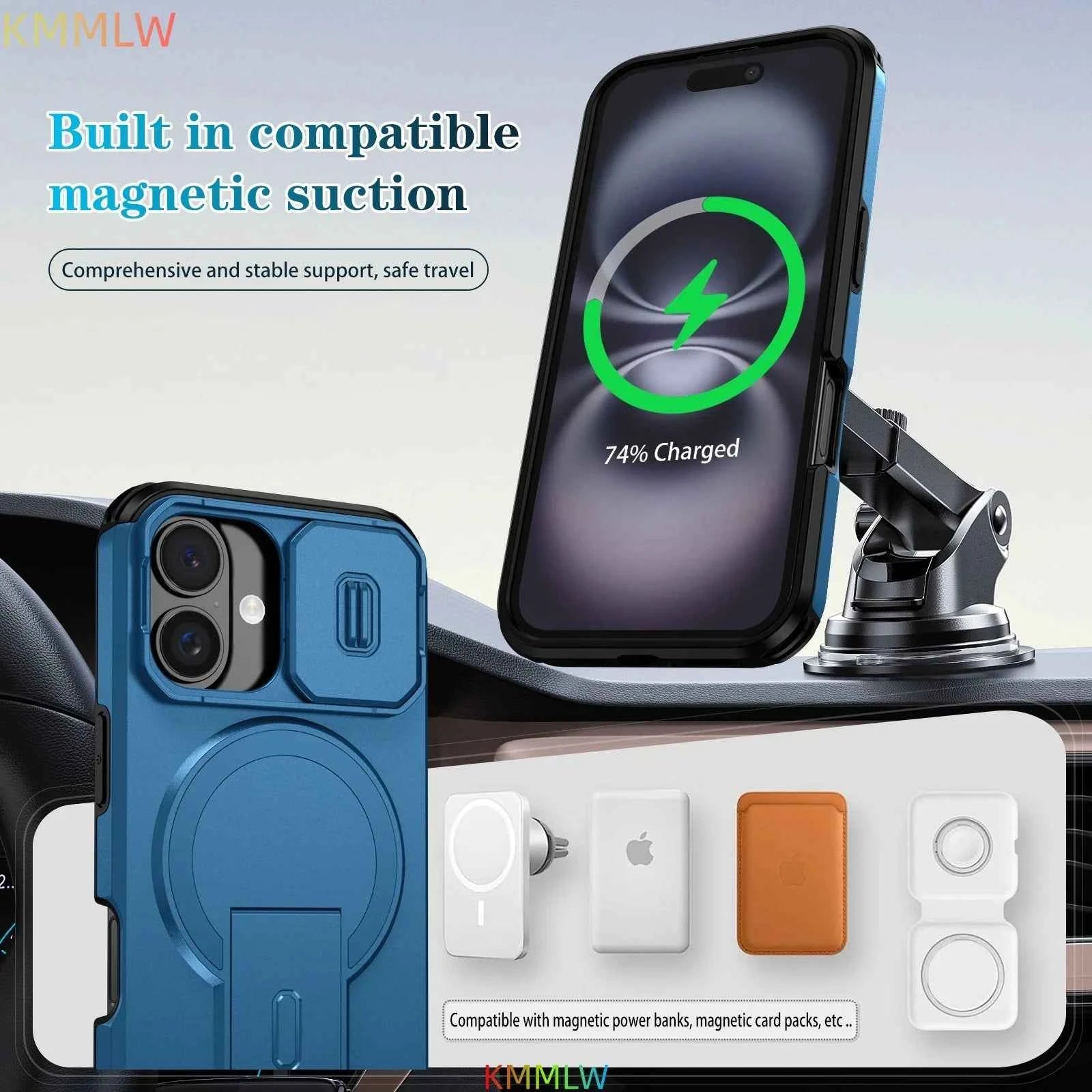 Lens Protect Camera Phone Case for iPhone 16 15 14 13 12 11 Pro Max Plus 16e Magnetic Kickstand Cover