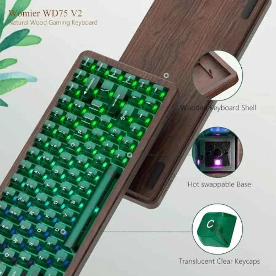 Wireless mechanical keyboard for gaming and office use wood frame natural brown 8000mAh battery life with tri-mode connectivity