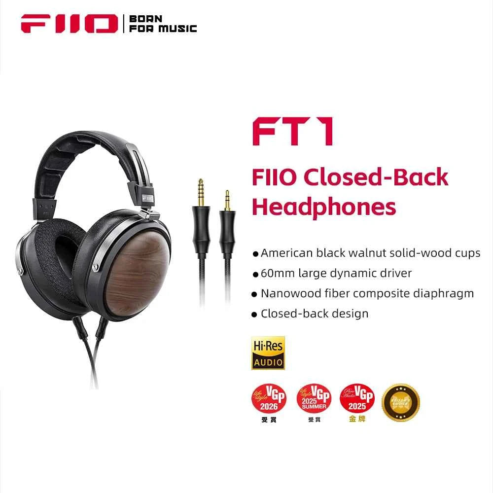 FiiO FT1-New version Closed-Back Over-Ear  Fiber Composite Diaphragm Wired Hi-Fi Headphones, American walnut Ear Cups for Studio