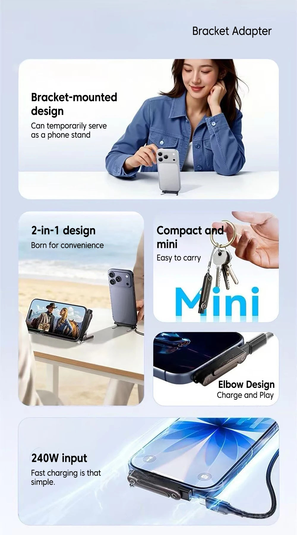 240W 2 in 1 Portable Foldable Phone Stand Fast Charging OTG Type-C Male to USB-C Female Converter For iphone17 16 Samsung