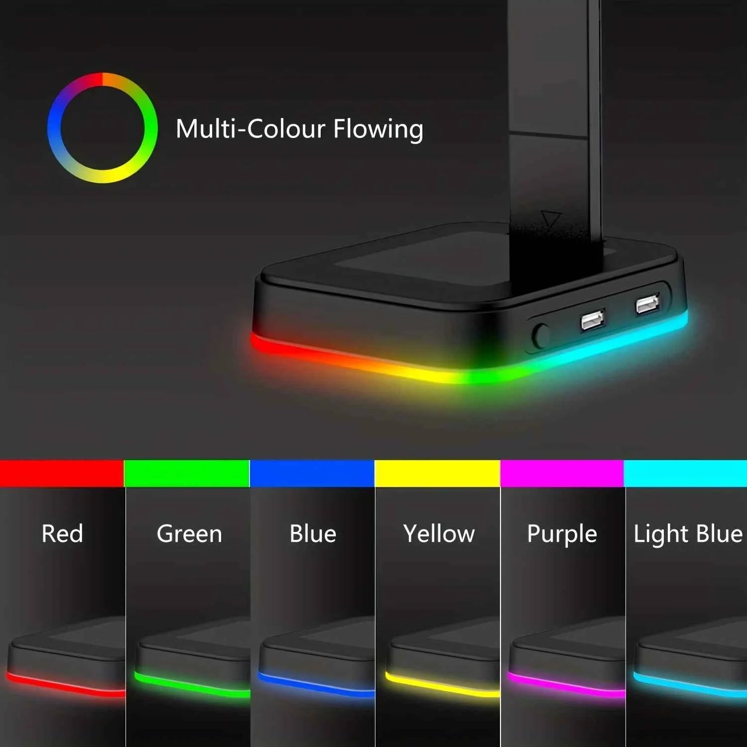 Adjustable Speed RGB Color-Changing LED Gaming Headset Stand with Dual USB Ports for Keyboard Mouse Headphones Phone Charging