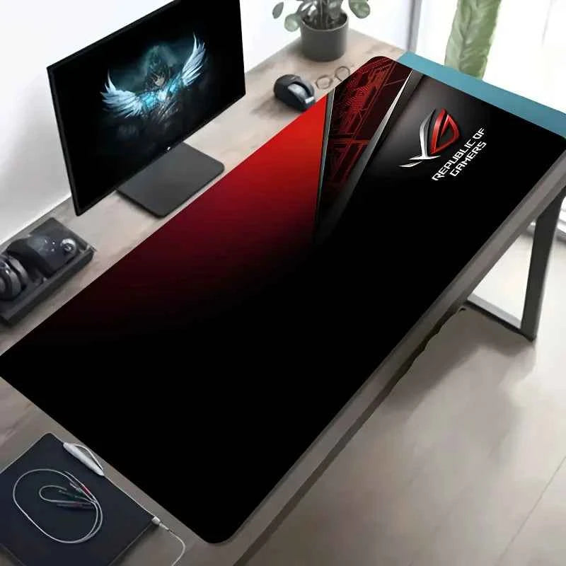 1pc Large Gaming Mouse Pad with Red Black ROG Design Non-Slip Durable Rubber Keyboard Mat for PC Office Decor XXL Desk Accessory