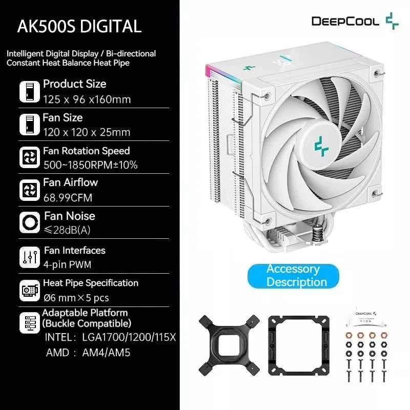DeepCool AK500S Digital Display CPU Cooler 5 Heat pipes TDP 240W Cooling ATX PC Radiator For LGA1700/1200 115X AM4 AM5