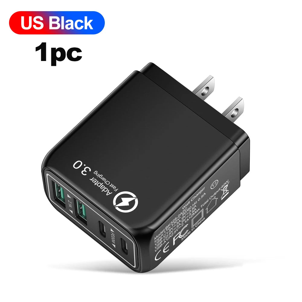 USB-C Charger, 4-Port Type-C Wall Charger, 40W Fast Charging Power Adapter — Compatible with iPhone 17/16/15/14 Plus/13, iPad, S