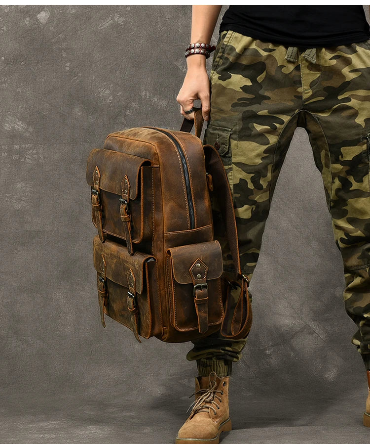 Vintage Crazy Horse Genuine Leather Backpack Men Bagpack Cowhide Hiking Backpack 17
