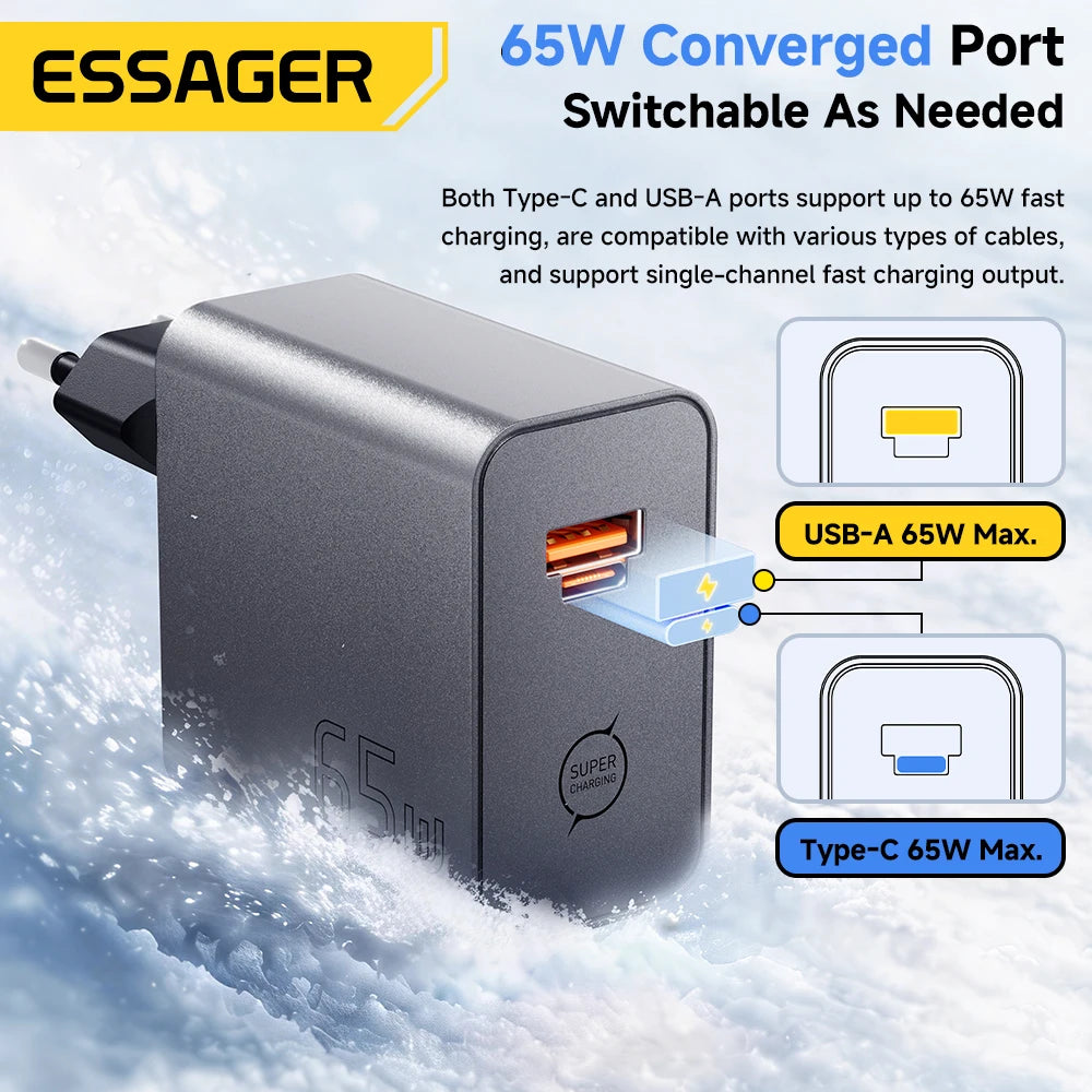 ESSAGER 65W GaN Charger PD3.0 PPS QC4.0 Fully Compatible for iPhone 17 16 Samsung S26 MacBook Air Huawei Laptop PD Fast Charger