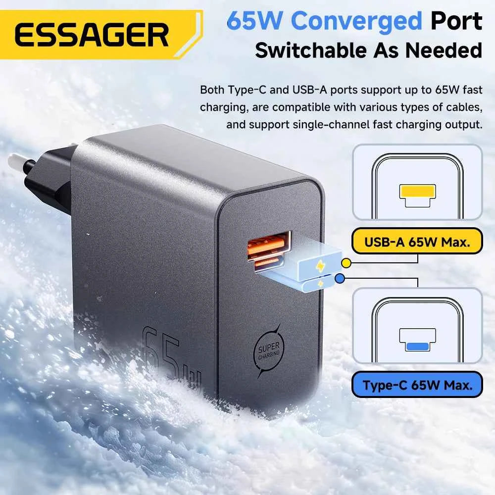 ESSAGER 65W GaN Charger PD3.0 PPS QC4.0 Fully Compatible for iPhone 17 16 Samsung S26 MacBook Air Huawei Laptop PD Fast Charger