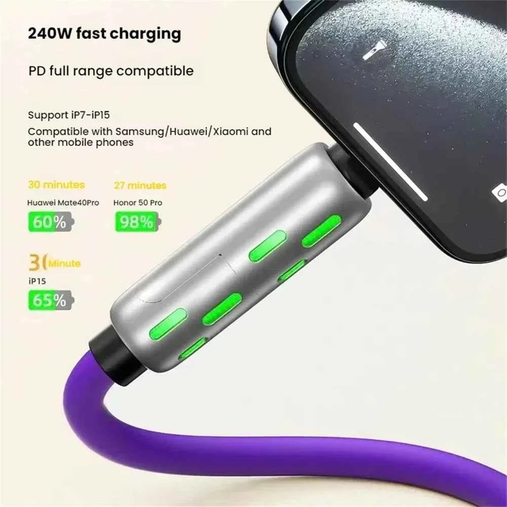 240W USB Fast Charging Data Cables 4-in-1 Micro USB Type C With Breathing Lamp Quick Charge For iPhone 16 Huawei Samsung Xiaomi