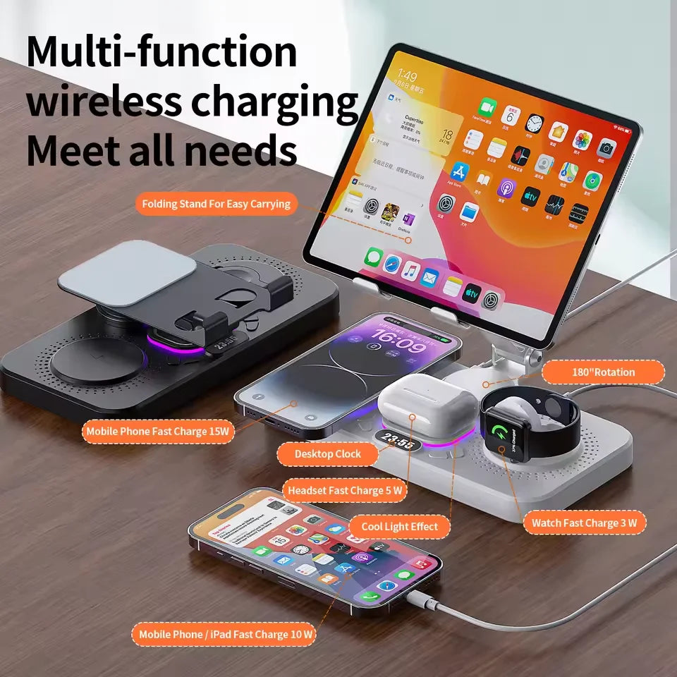 4-in-1 Wireless Charging Station Foldable Multi-function Magnetic Phone Stand Fast Charger For iPhone 16 15 iPad iWatch AirPods