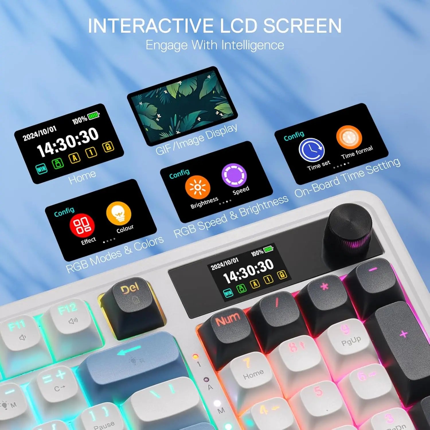 Redragon K719 Wireless Gasket Gaming Keyboard w/Hype Screen & Knob, 95 Keys Mechanical Keyboard, Easy-Control 1.14’’ TFT Info