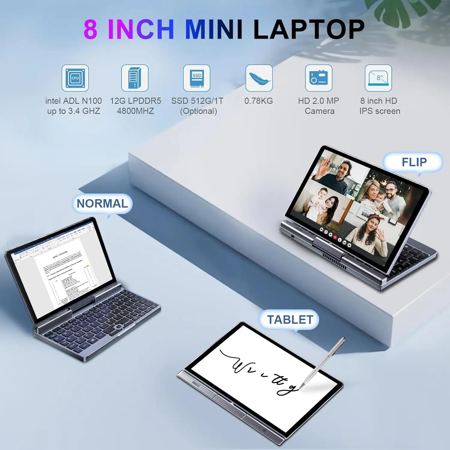 Portable Mini Laptop windows 11 8 Inch Touch Screen Notebook N150 12GB+1TB IPS Netbook Win 11 Pro Mini PC Micro Computer - WinSupport Tech