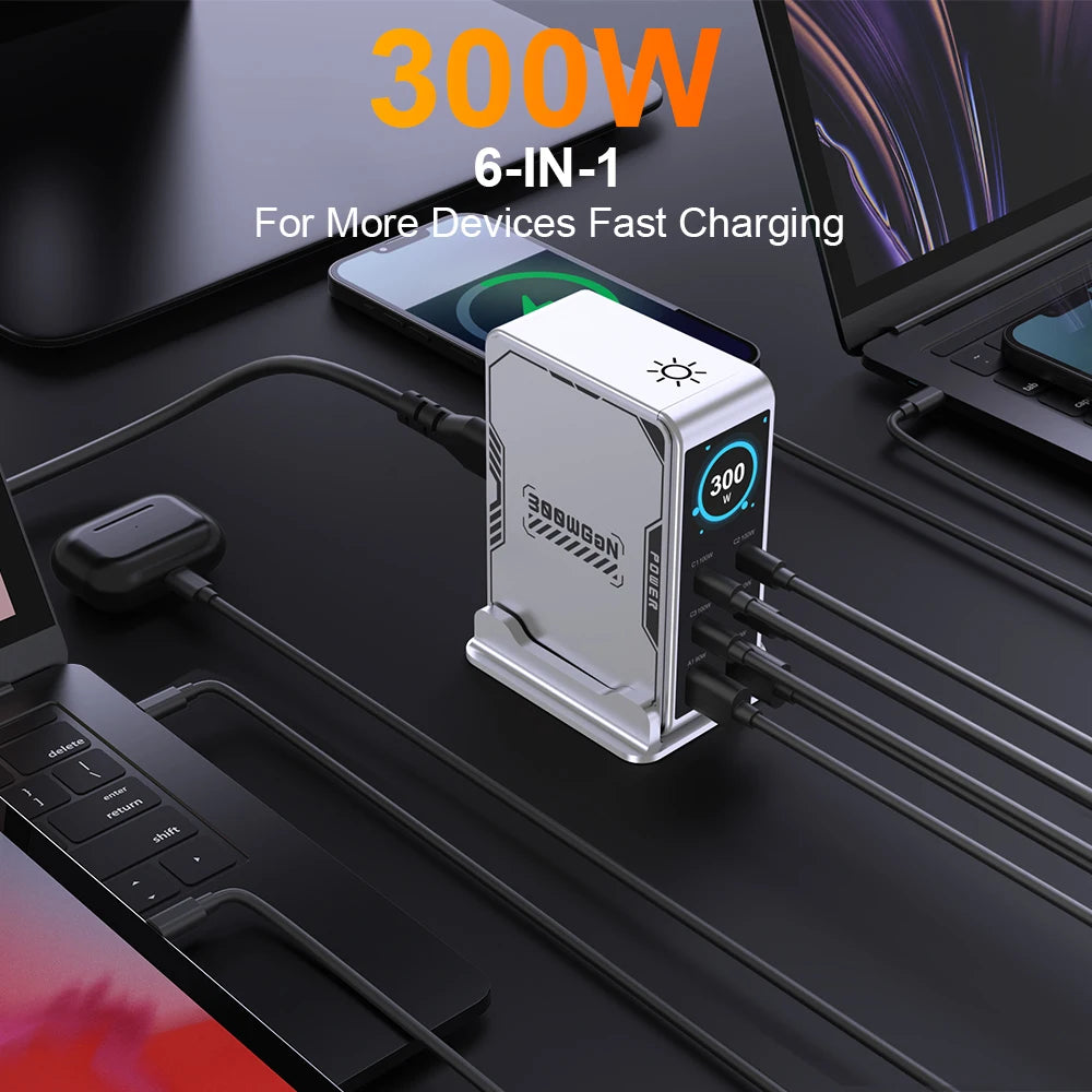 300W USB C Charger,6 Ports USB Charging Station,GaN 100W PD Laptop Fast Charger Adapter Desktop Charger Station with LCD Display for MacBook iPad iPhone Samsung