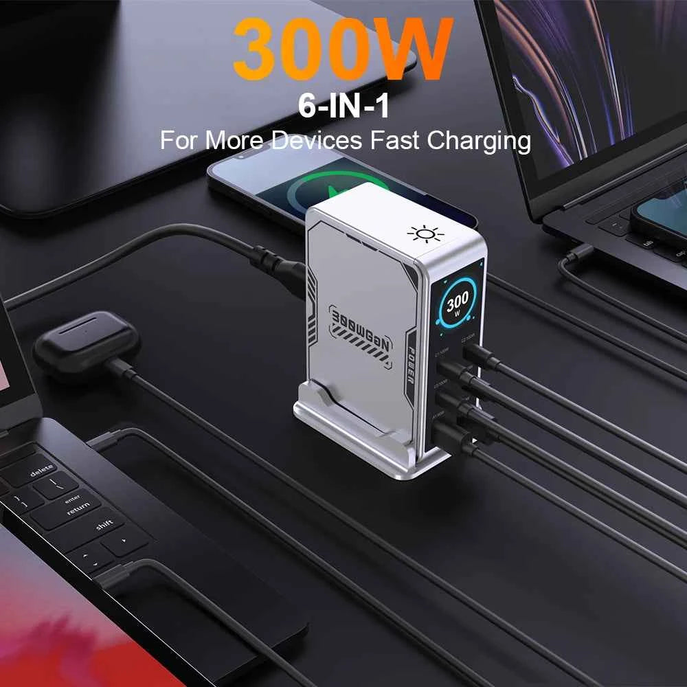 300W USB C Charger,6 Ports USB Charging Station,GaN 100W PD Laptop Fast Charger Adapter Desktop Charger Station with LCD Display for MacBook iPad iPhone Samsung