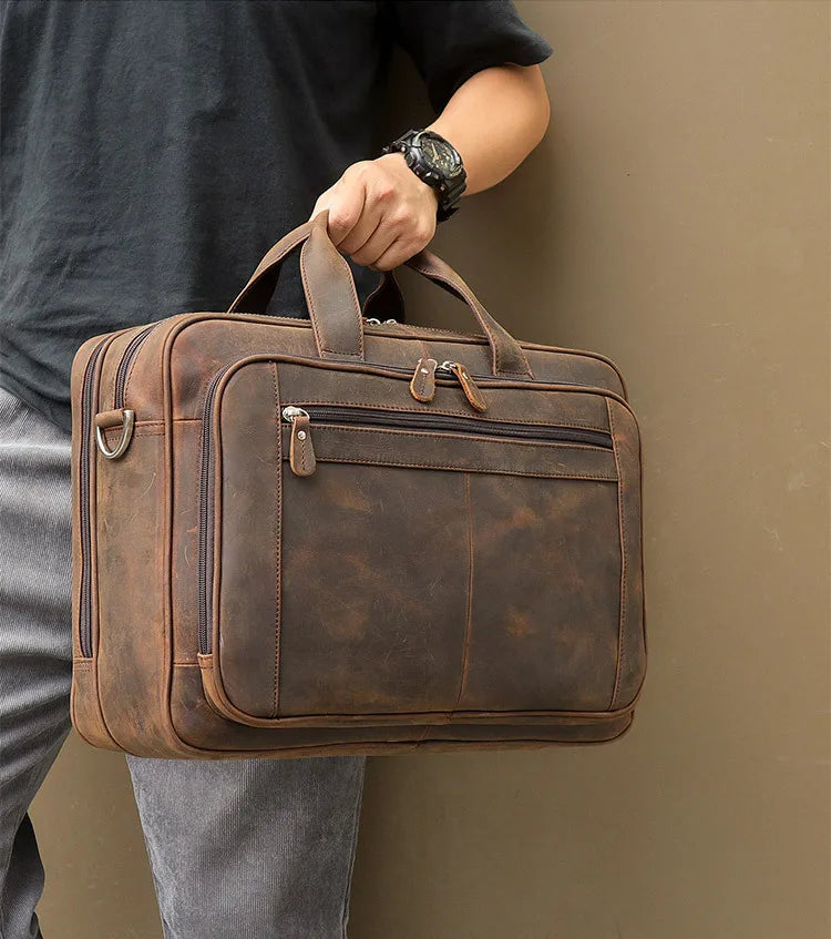 High Quality Genuine Leather Men Briefcase Business bag Crazy Horse Leather Large 17