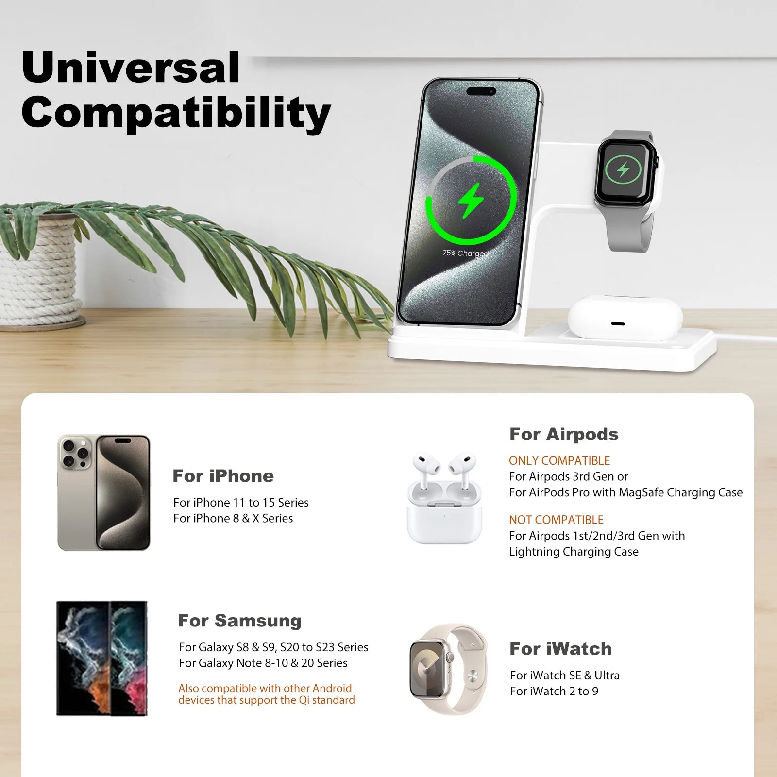 15W Magnetic Wireless Charger Stand Foldable 3 In 1 Fast Charging Sation for iPhone 17- 12 Pro Max Apple Watch 8 7 Airpods Pro