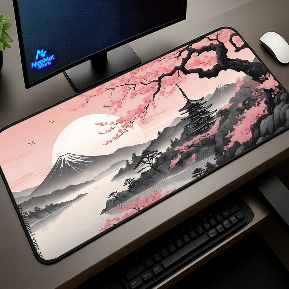 Japanese Sakura Mouse Pad XL Gaming Desk Mat Fuji Pagoda Mousepad Cherry Blossom Mountain Accessories 90x40 Mousepads