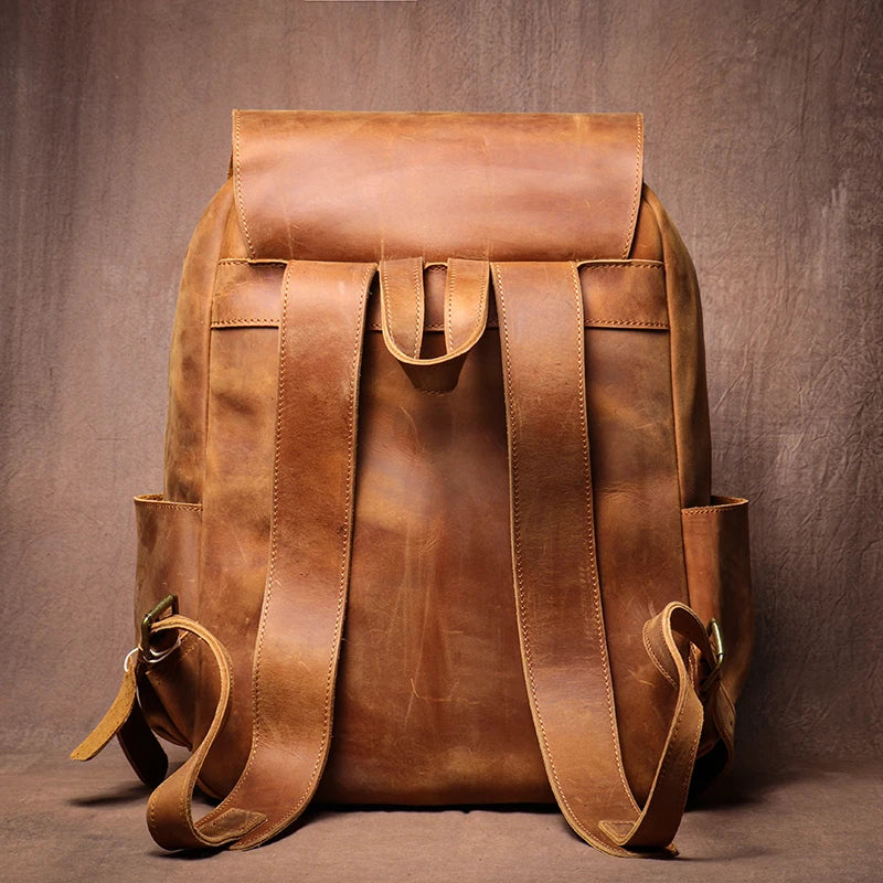 LUOKIR Genuine Leather Laptop Backpack 15 Inch – Vintage Crazy Horse Cowhide Business Travel Backpack for Men, Luxury School Computer Bag