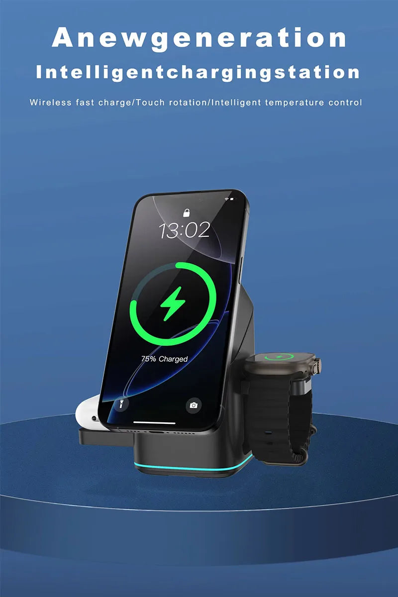 Qi2 15W 3-in-1 Magnetic Wireless Charger Stand Fast Charging For iPhone 14 15 16 17/AirPods Charger Touch Auto Rotation