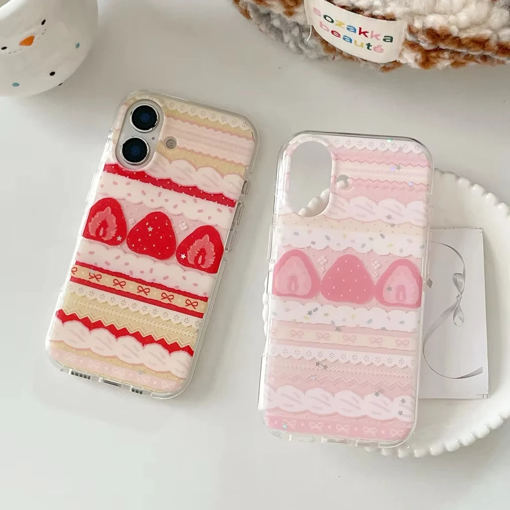 Cream Strawberry Cake Lace Bowknot Phone Case For iPhone 17 Air 16 ProMax 15 14 Plus 13 12 11 Pro Shockproof Silicone Back Cover