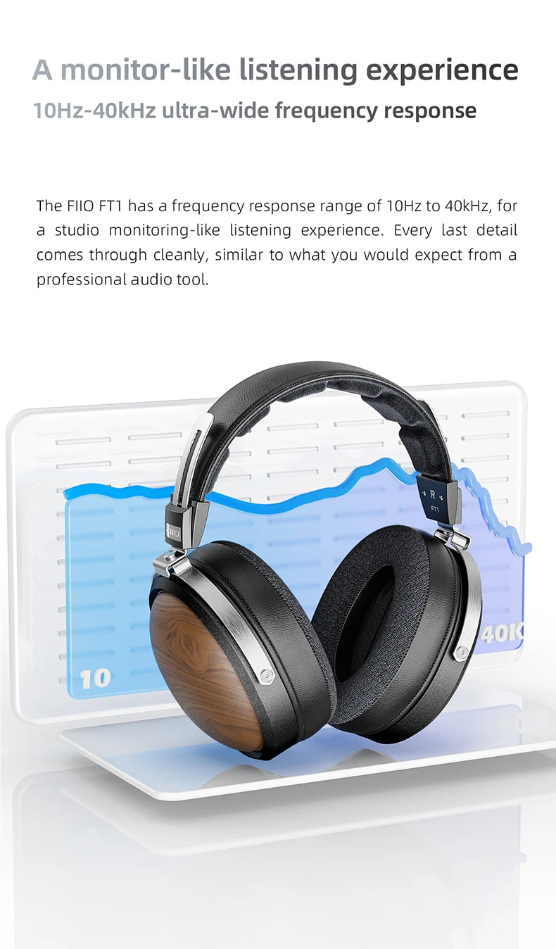 FiiO FT1-New version Closed-Back Over-Ear  Fiber Composite Diaphragm Wired Hi-Fi Headphones, American walnut Ear Cups for Studio