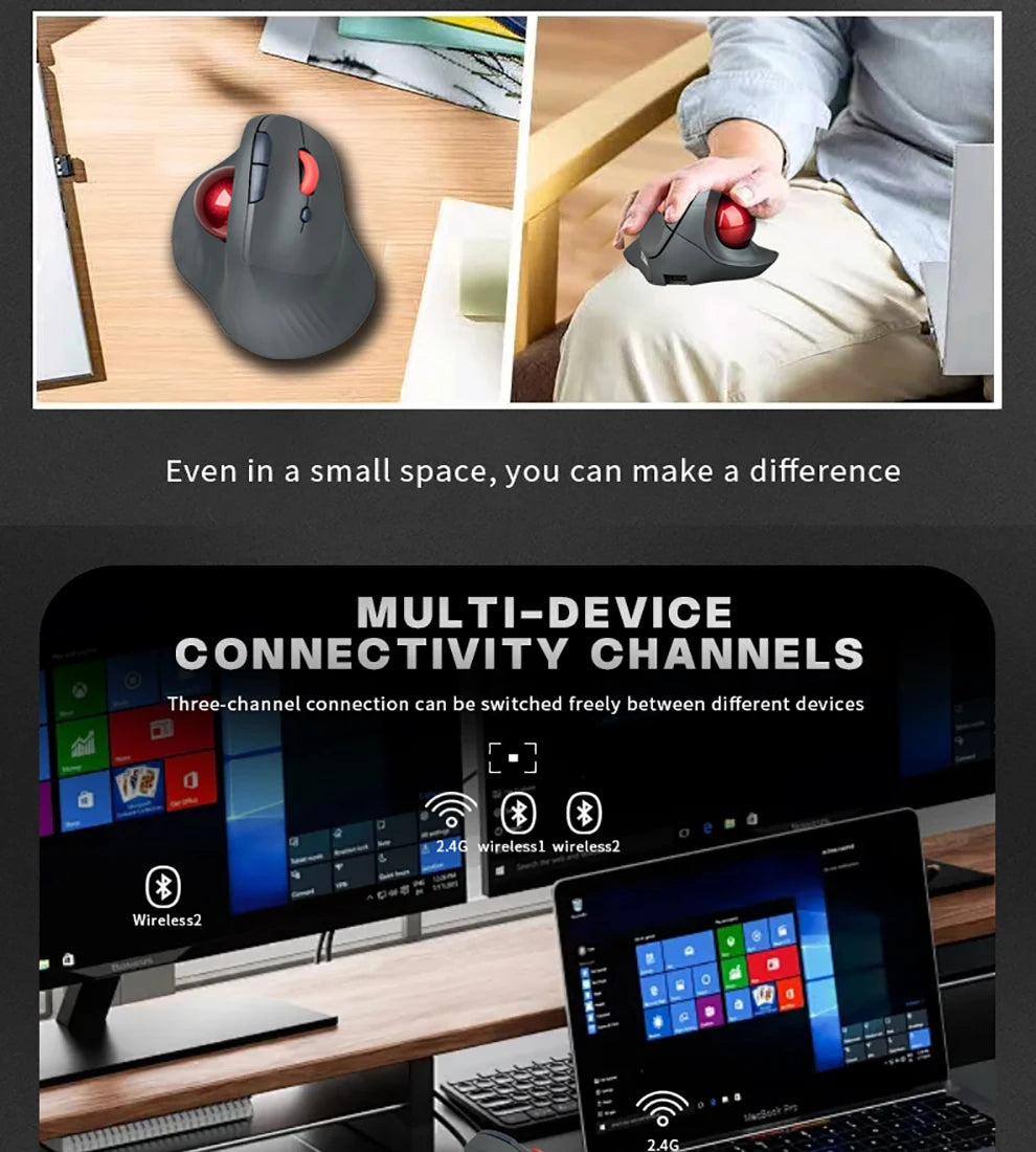 Ergonomic Bluetooth/2.4G Wireless Trackball Mouse for PC/Laptop/Desktop,Rechargeable Optical Vertical Mouse with Silent Design