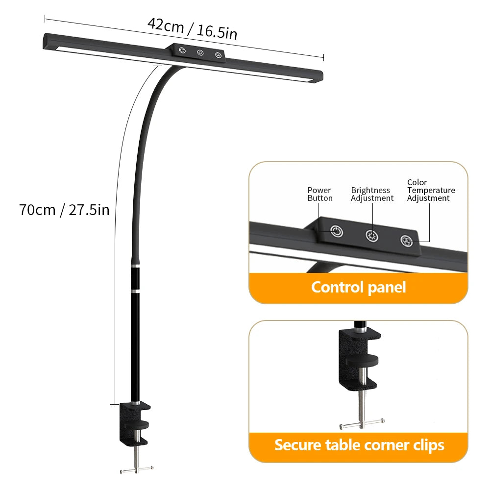 LED Clip Table Lamp with Touch Mode 3200K-6500K 5 Color Stepless Dimming Flexible Gooseneck USB Eye Caring Lamp for Office Home