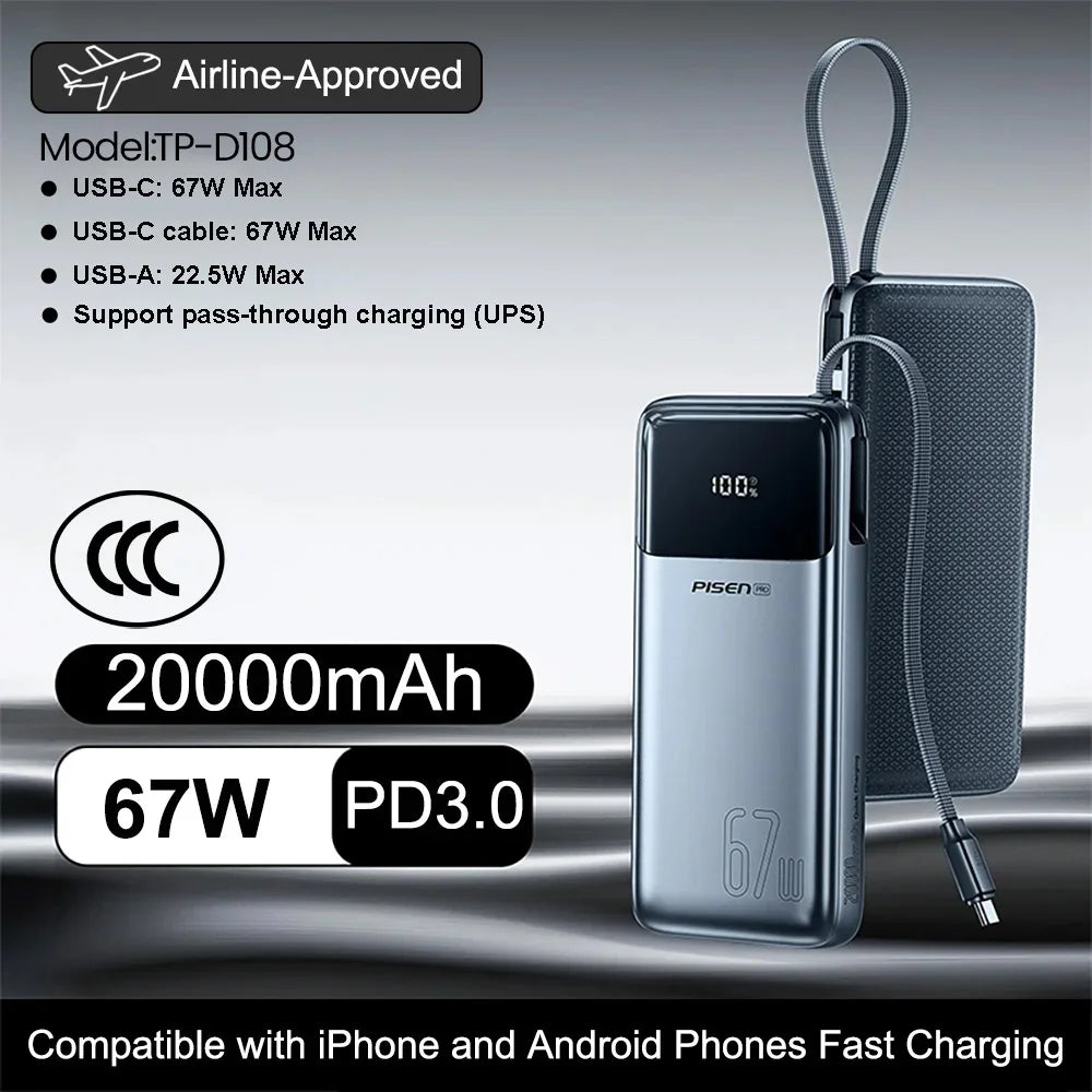 PISEN 20000mAh 67W Power Bank With Fast Charging Cable CCC External Battery For 65W Laptops/ 45W Samsung Phones/ iPhone & iPad