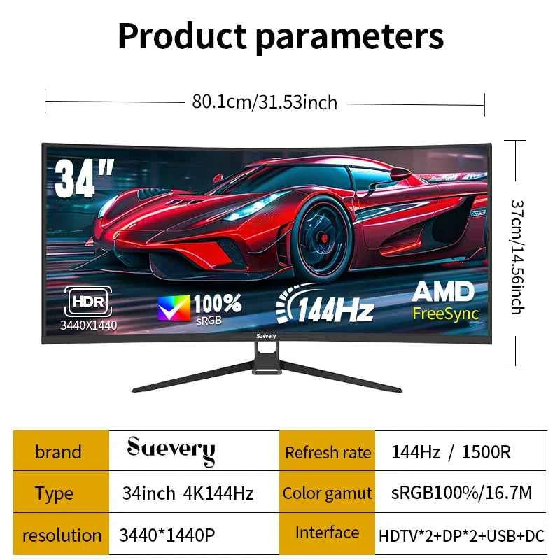 Suevery 34-Inch 4K(3440*1440) 144Hz Curved Gaming Monitor  Curved 1500R with FreeSync,HDR10, 1ms,Eye Care