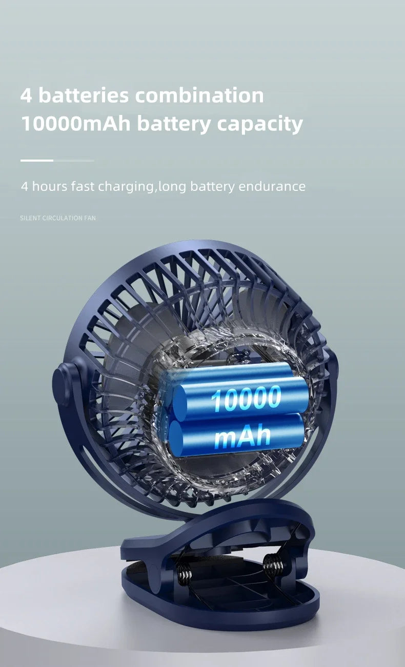 Mini 10000mAh Chargeable Clipped Fan 360° Rotation 4-speed Wind USB Desktop Ventilator Silent Air Conditioner for Bedroom Office