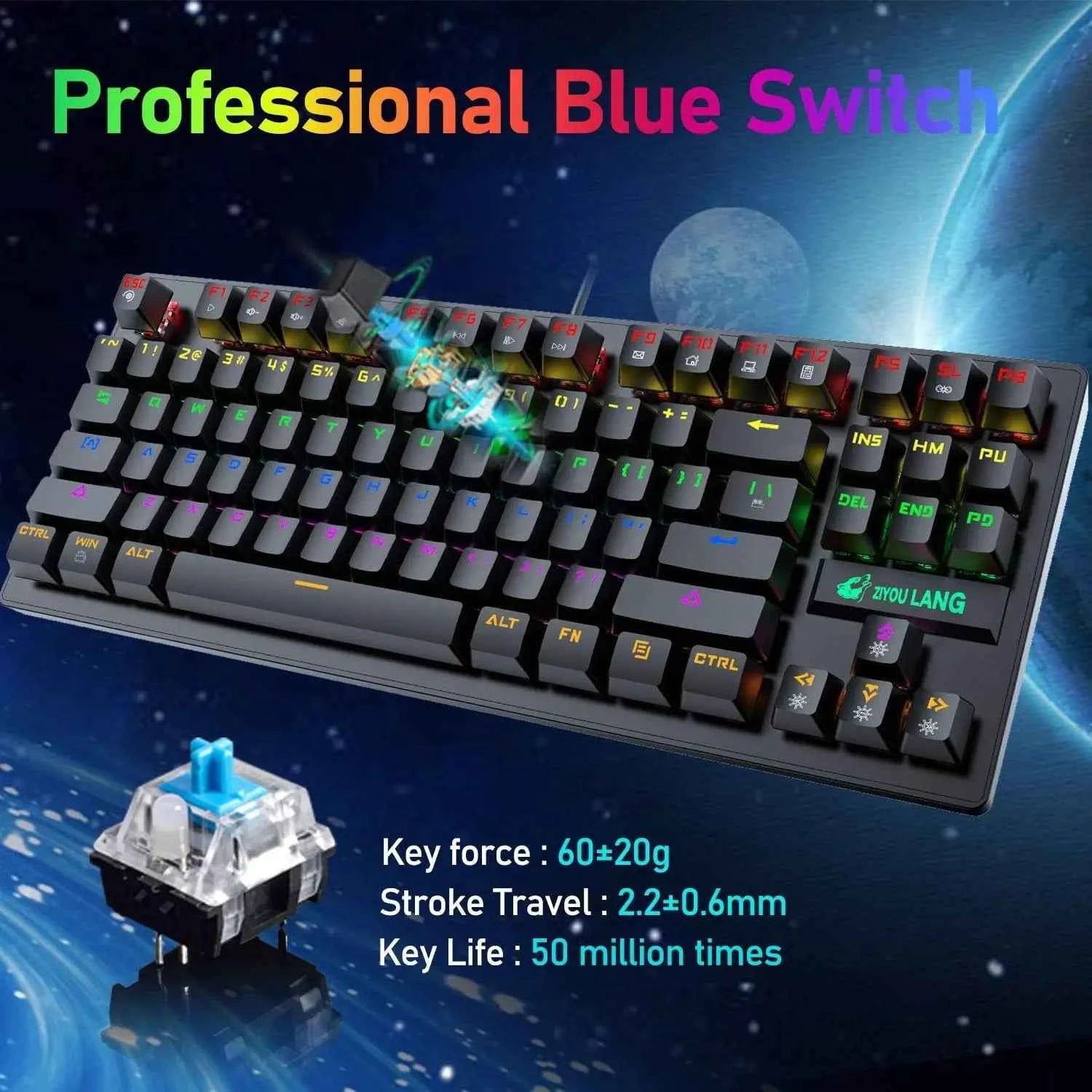 MAMBASNAKE x ZIYOU LANG K2 Wired Mechanical Gaming Keyboard Blue Switch Mini 82 Keys Wired Rainbow LED Backlit Keyboard