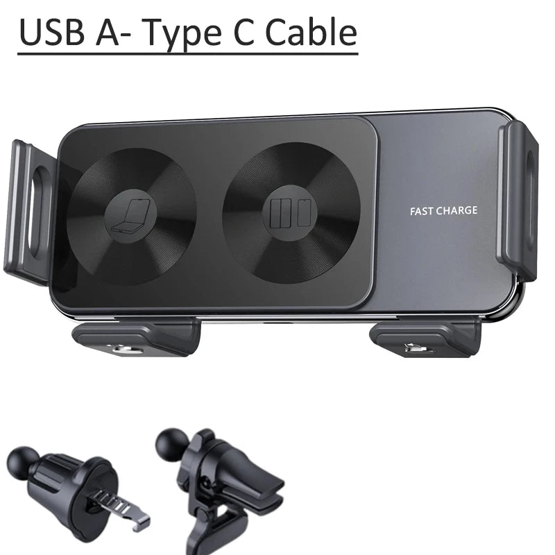 Dual Coil Fold Screen Car Wireless Charger For Samsung Galaxy Z Fold 7 6 5 4 S24 Flip iPhone 17 Pro Max Phone Holder Stand Mount