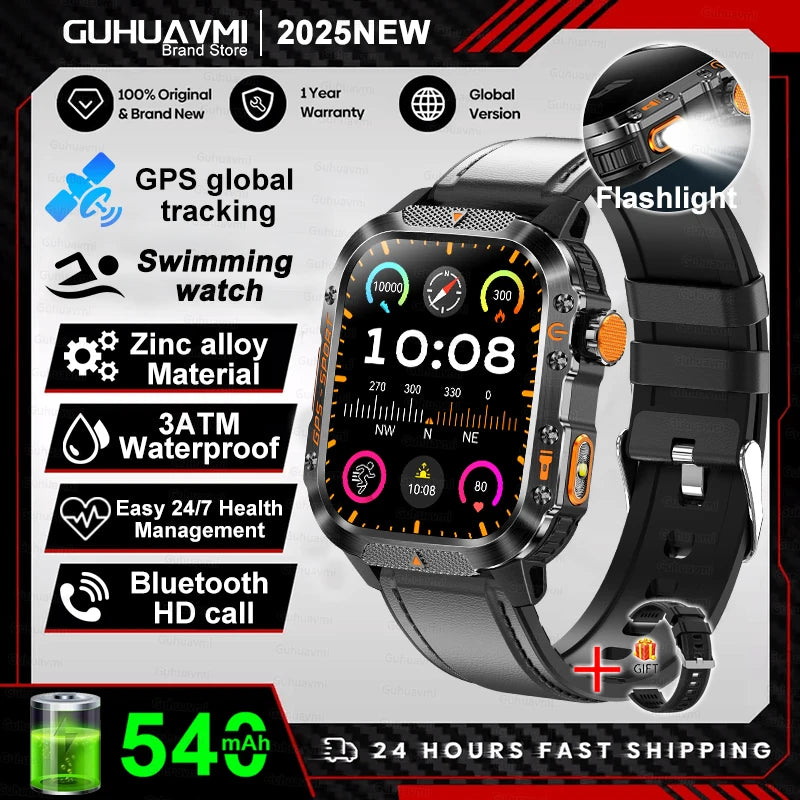 2025New GPS Smart Watch For Xiaomi IOS Military Compass Flashlight Smartwatch Men 10ATM Waterproof 100+Sport Modes BT Call Watch