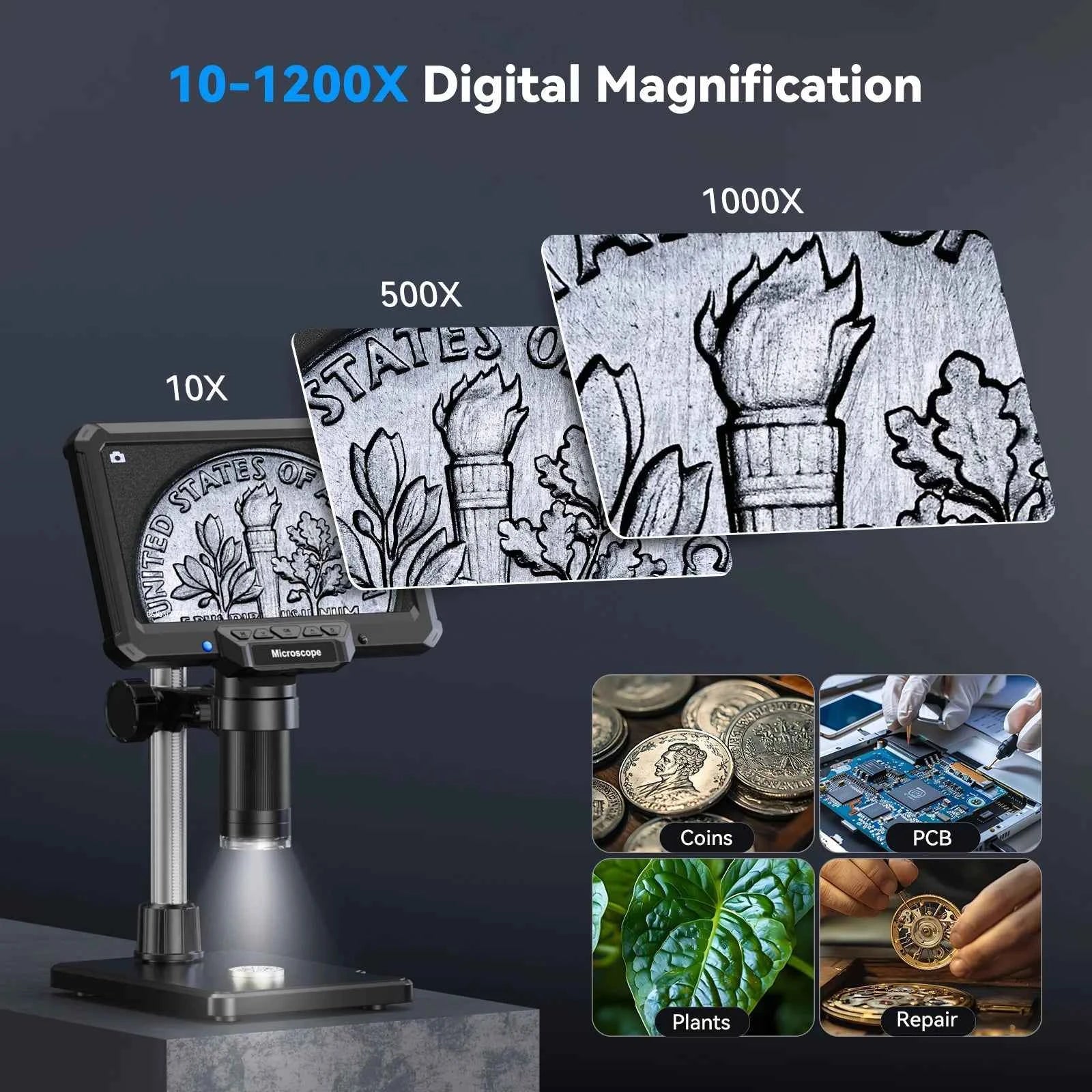 7inch Microscope 1200X 16MP HD Electronic Microscopes Camera Magnifier for Soldering Phone Repair Microscope, Coin, PCB, PC View