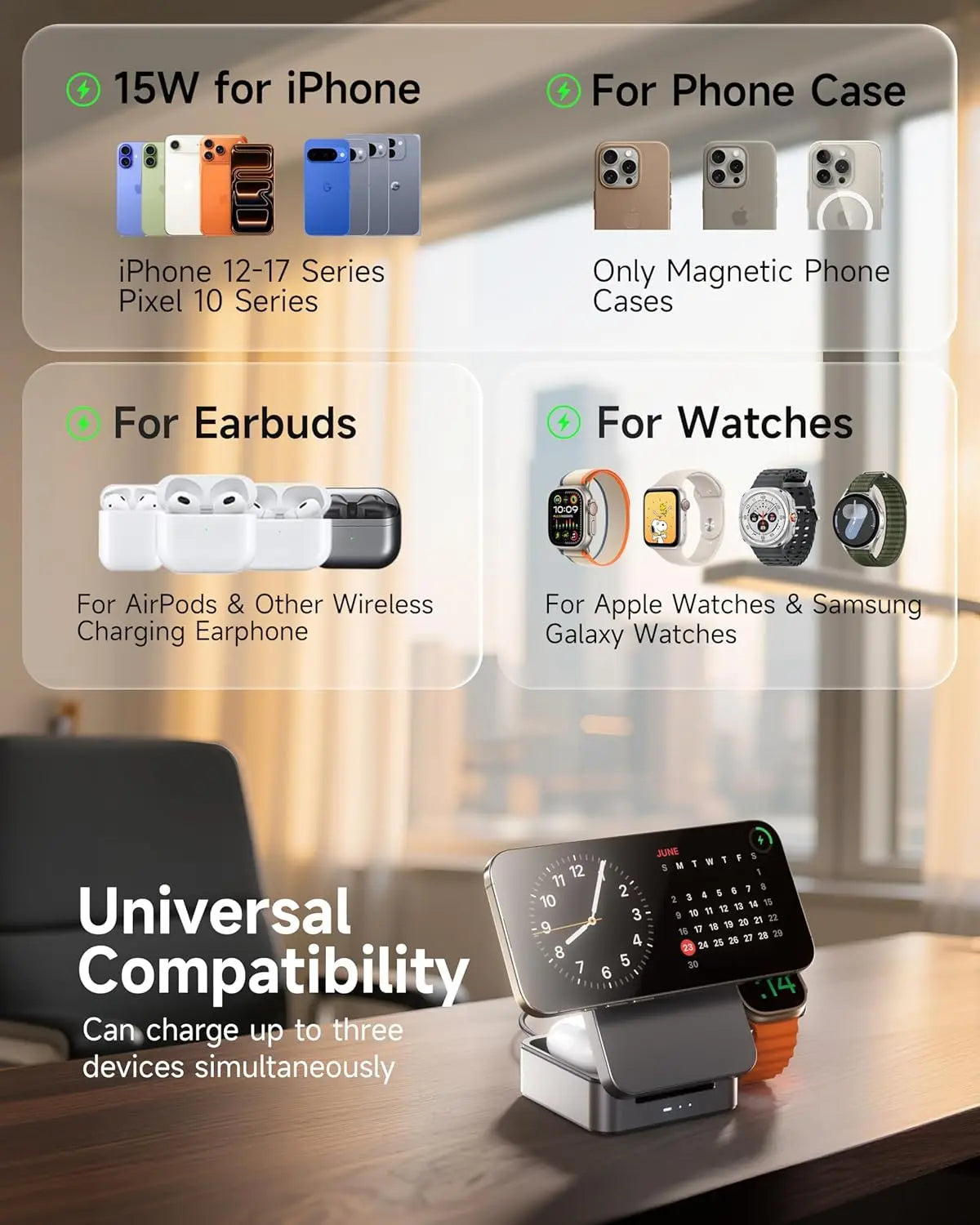 3-in-1 Foldable Magnetic Wireless Charging Station, Qi2 Certified 15W Travel Charger for iPhone 16/15/14/13/12 Series, Apple Watch, AirPods, 30W Adapter Included