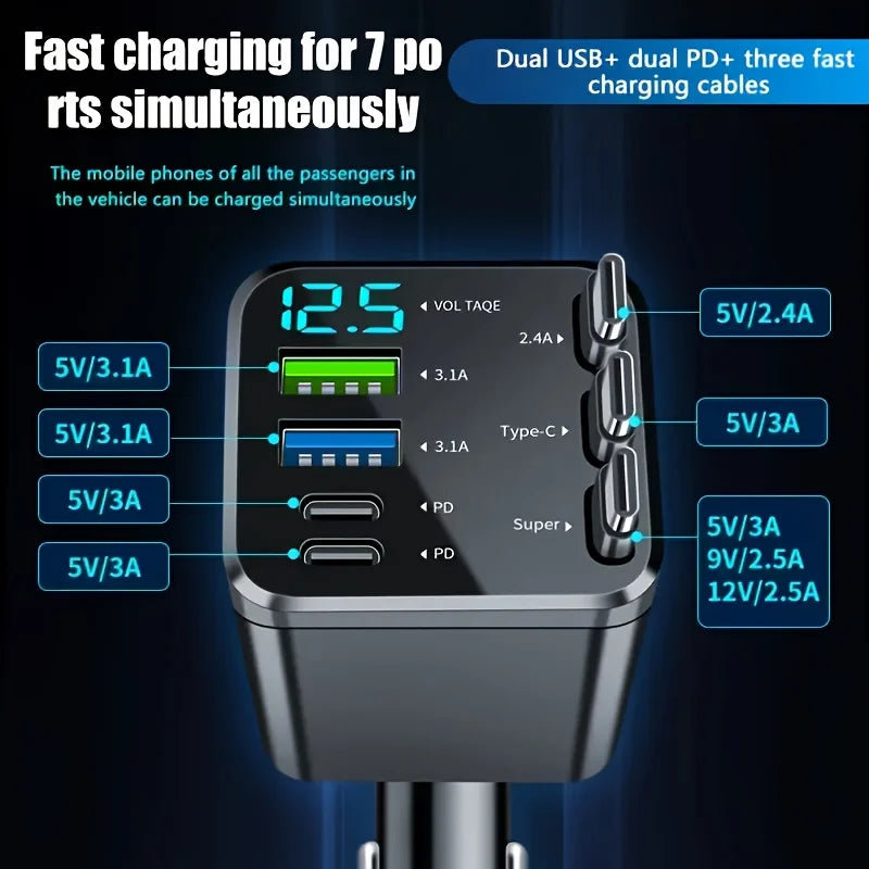 7 Ports Fast Car Charger with LED Display Rotatable Car Cigarette Lighter Charger Adapter USB & Type C for All Smartphones Table